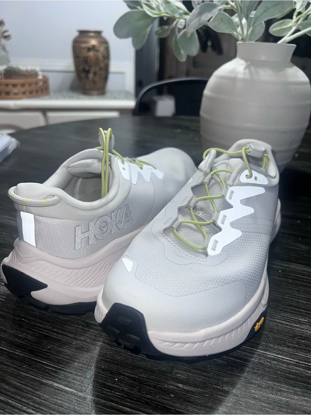 Hoka Women's Light Gray Athletic Shoes with Lime Laces